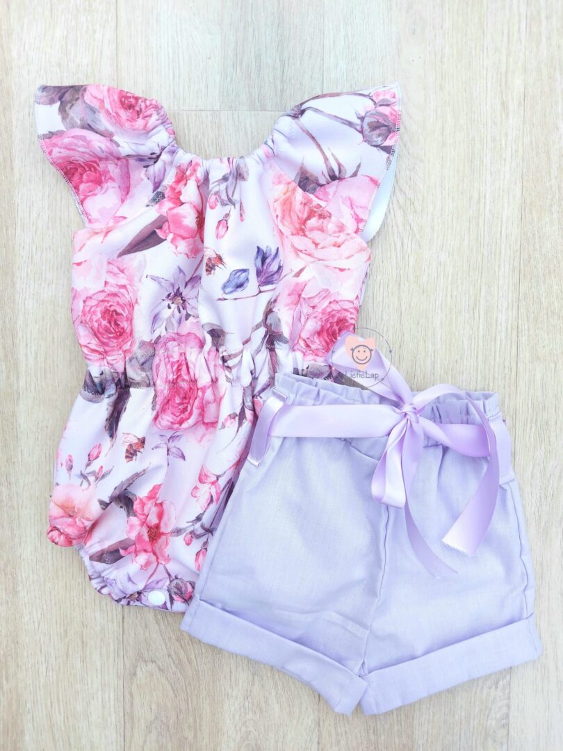 On Order Vintage Rose Romper Set With Purple Pants