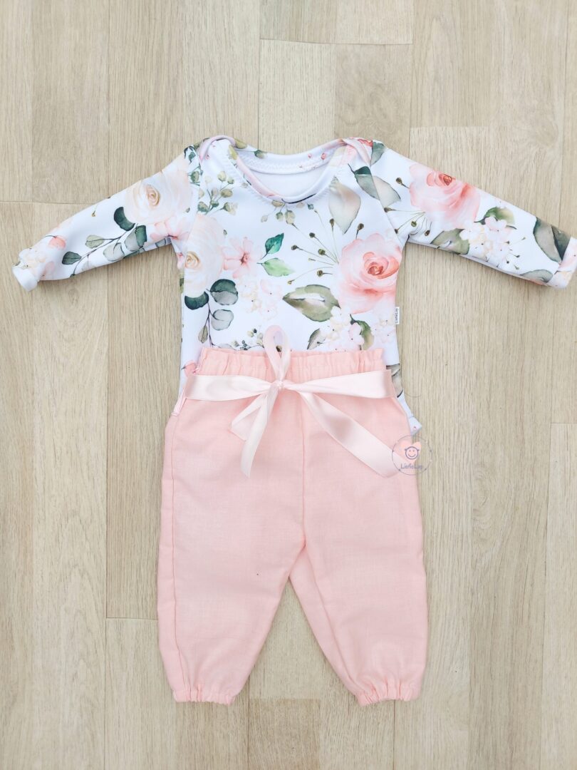 Long or Short Sleeve Peach Rose Vest and Nude pants Set - Image 4