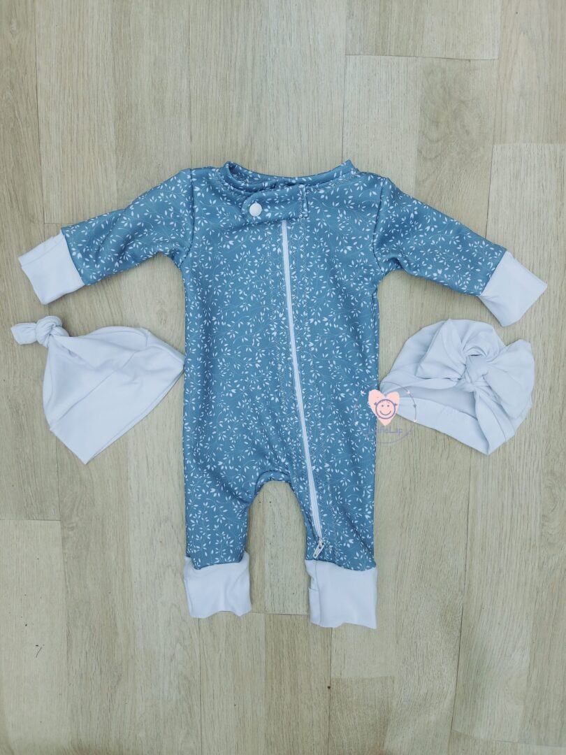 0-3M In Stock Sage Zip Babygrow with Fold Over hands and feet