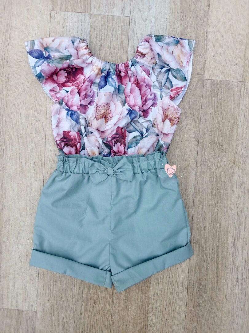 Peonies Mix Romper Set With Duckegg Green bow Pants - Image 3