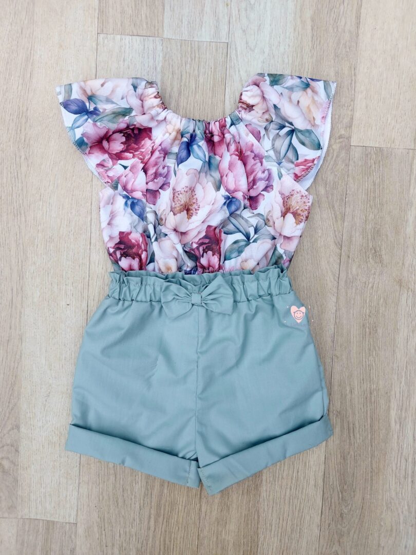 Peonies Mix Romper Set With Duckegg Green bow Pants - Image 2