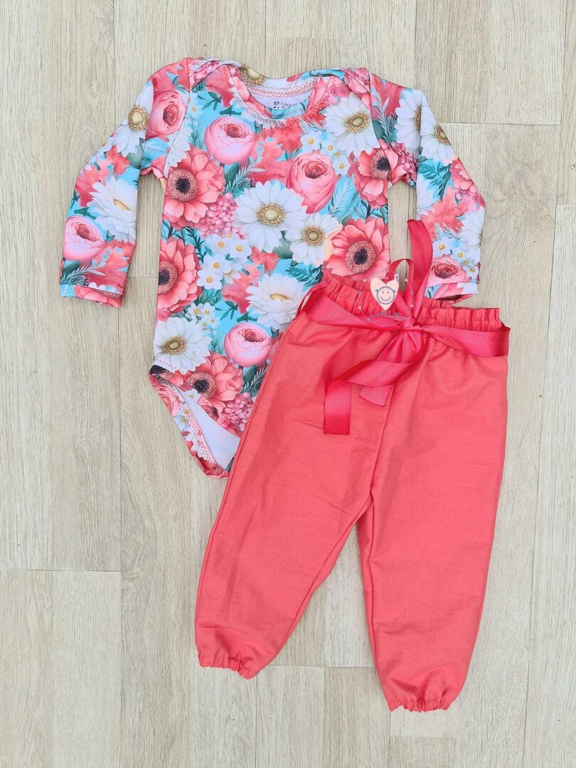 Long or Short Sleeve Coral Floral Vest and Coral pants Set