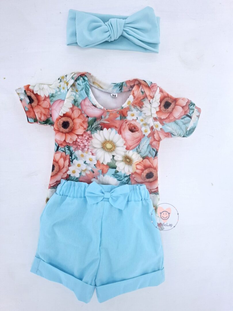 Long or Short Sleeve Coral Floral Vest and Ice Blue pants Set - Image 3
