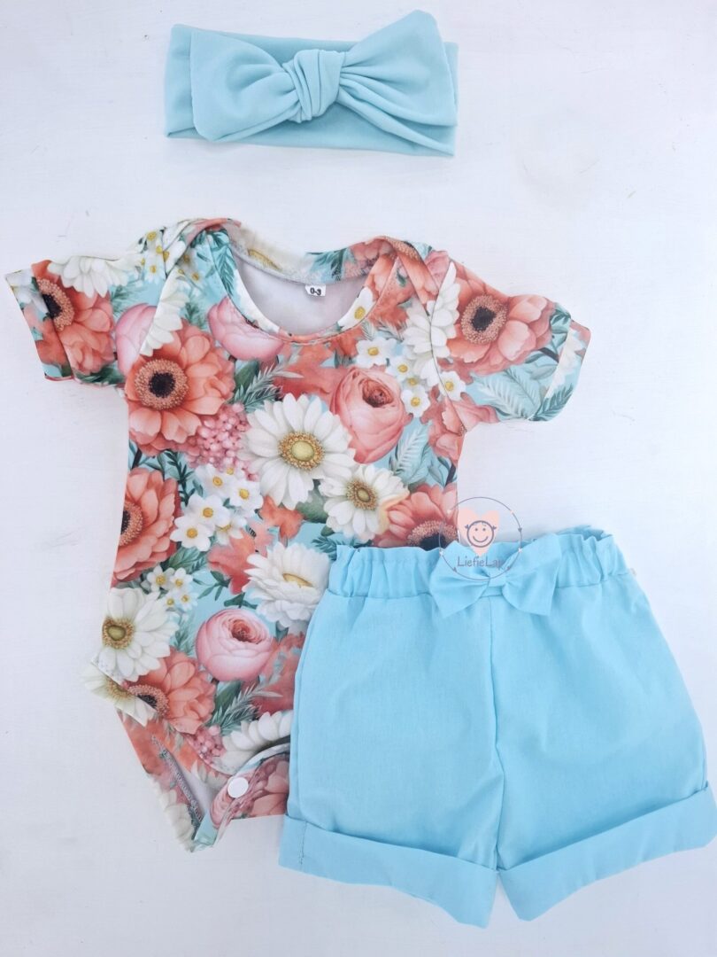 Long or Short Sleeve Coral Floral Vest and Ice Blue pants Set